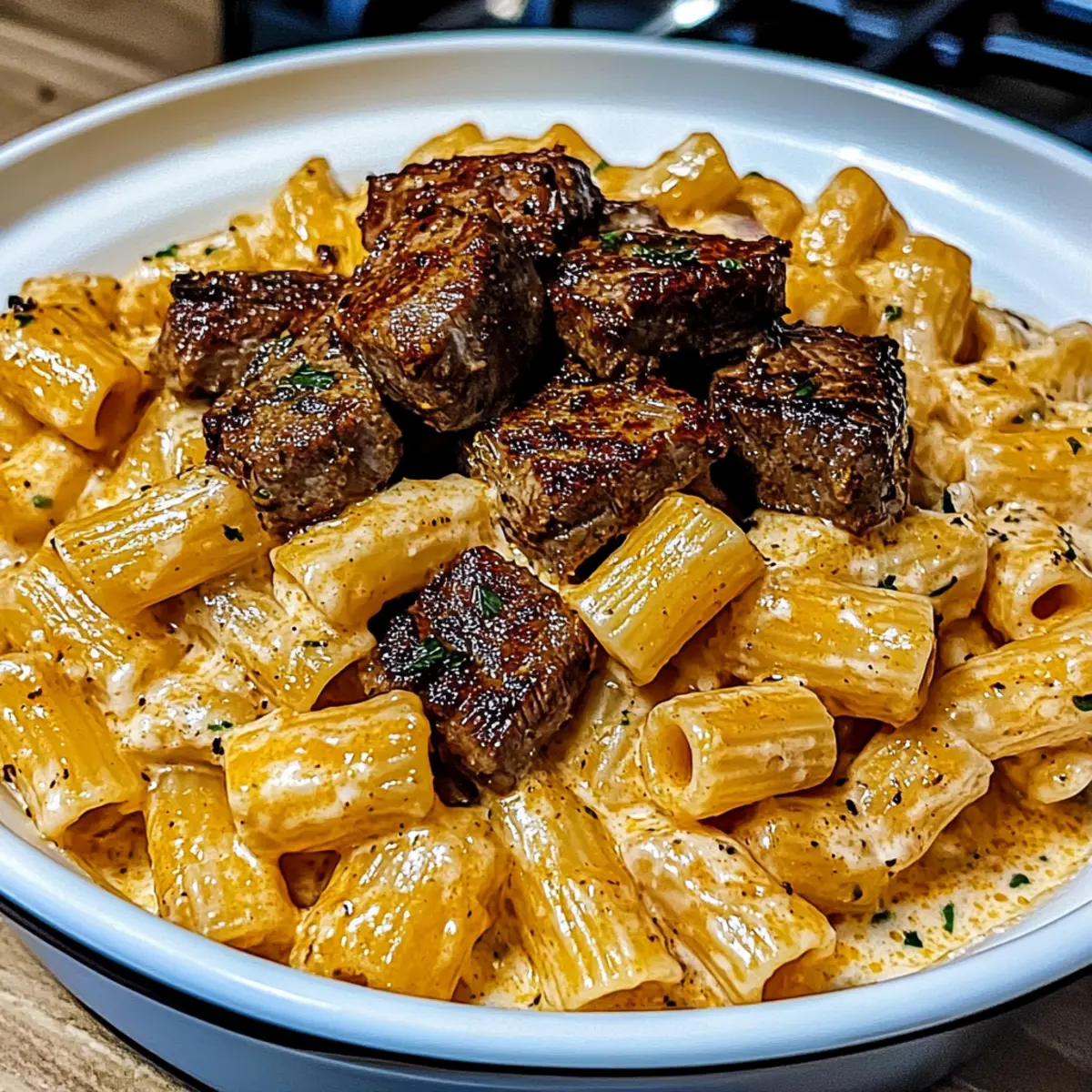 Savor Bold Cajun Steak Tips in Creamy Rigatoni Bliss