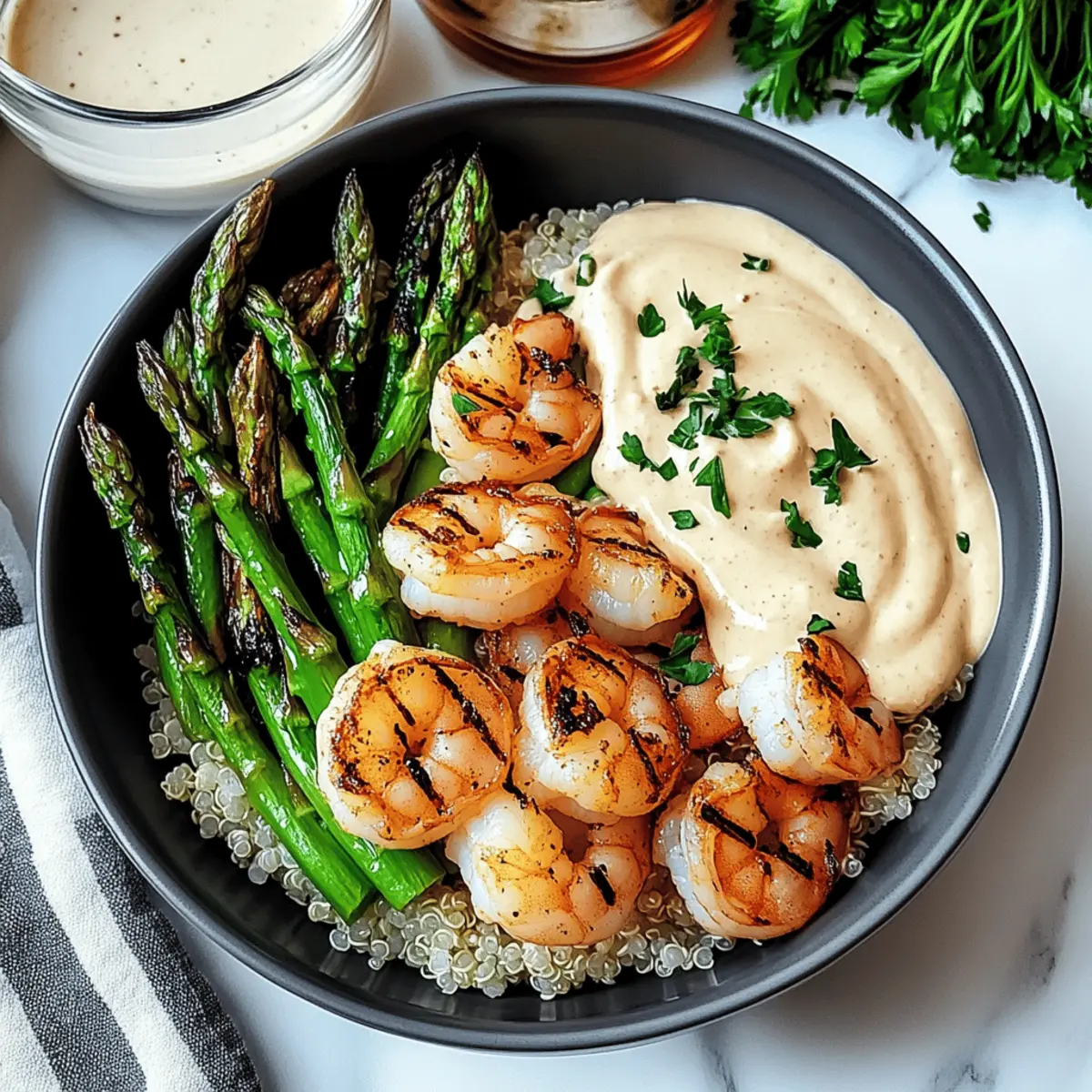 Fresh Shrimp Bowl with Asparagus & Creamy Garlic Sauce Delight