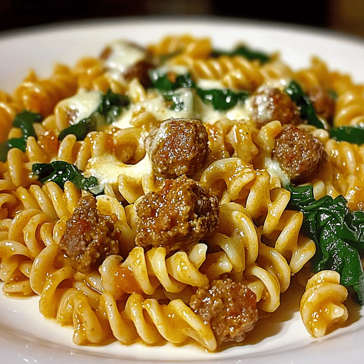 Garlic Butter Rotini with Beef, Italian Sausage and Spinach Delight