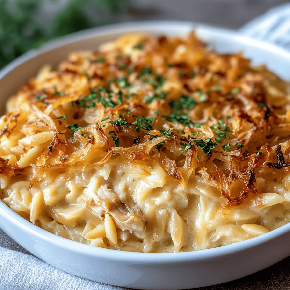 Cozy Up with French Onion Chicken Orzo Casserole Delight