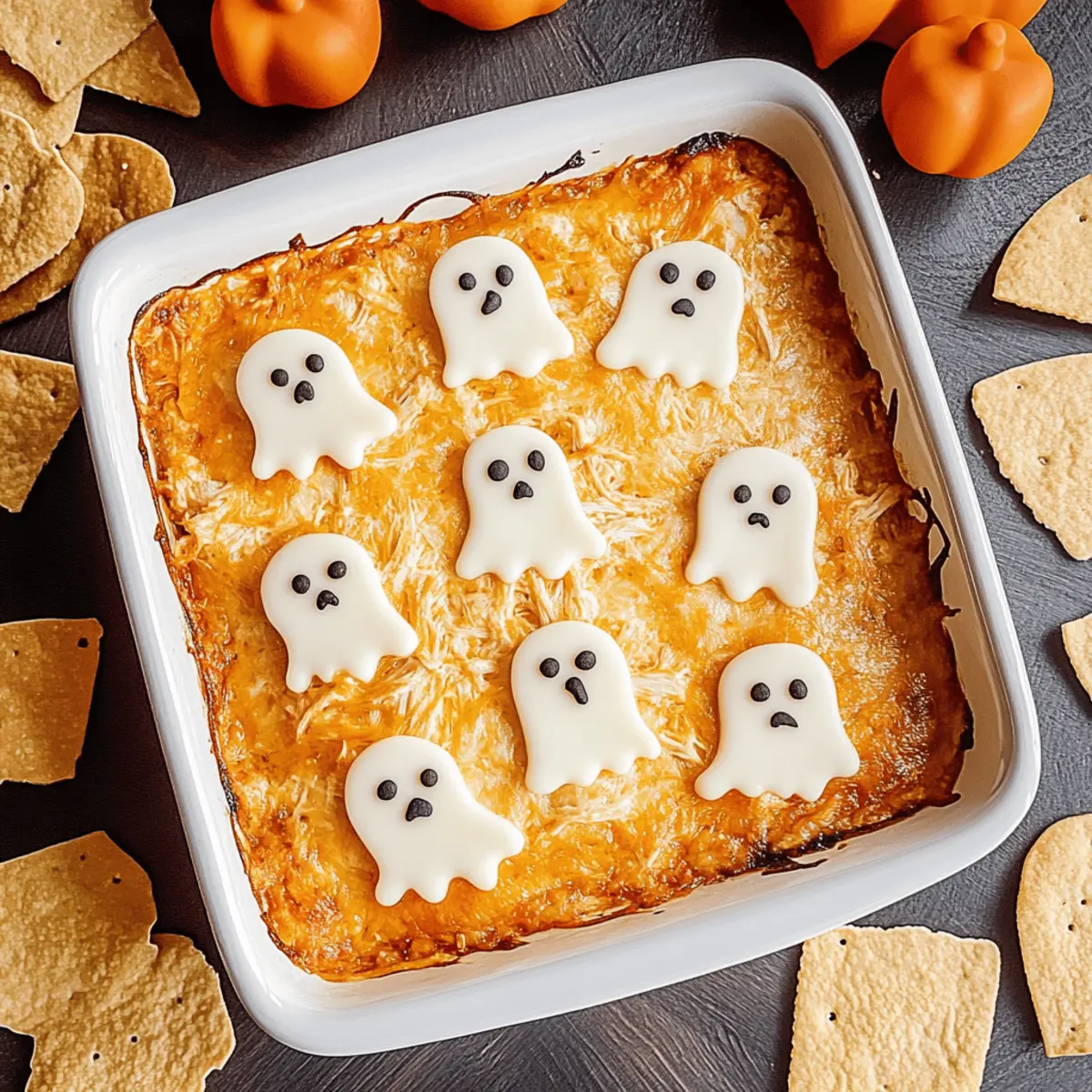 Halloween Buffalo Chicken Dip with Cheesy Ghosts Tricks