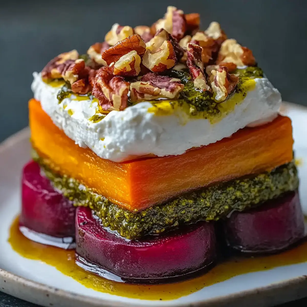 Potato & Beet Stacks with Pesto, Burrata & Walnuts Delight
