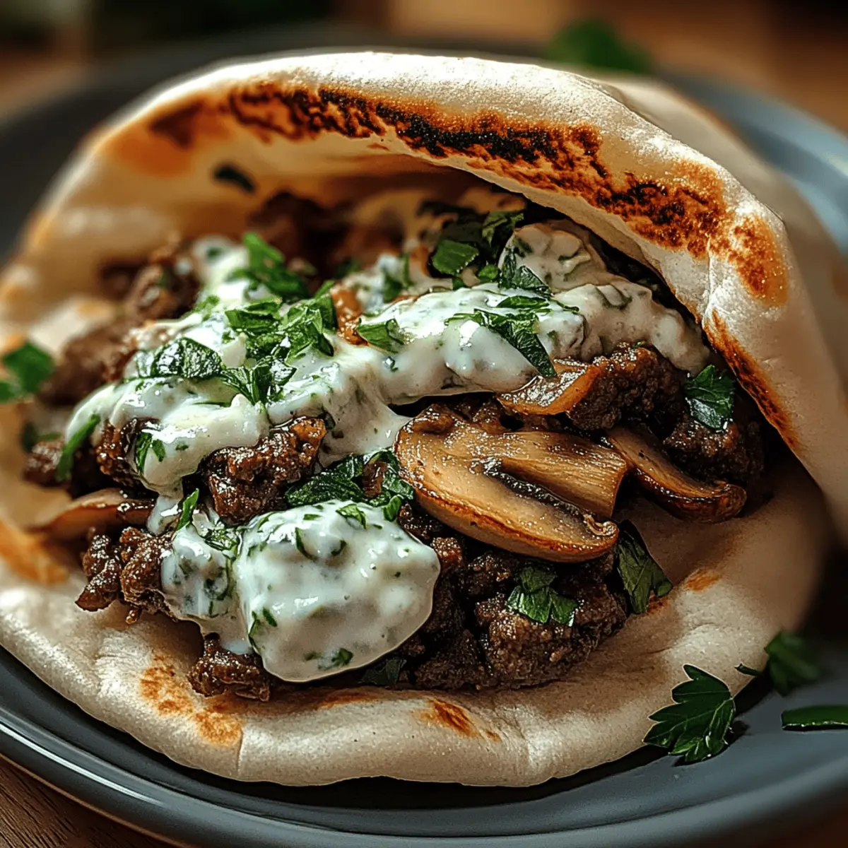 Irresistibly Cheesy Beef and Mushroom Pita Pockets with Tzatziki