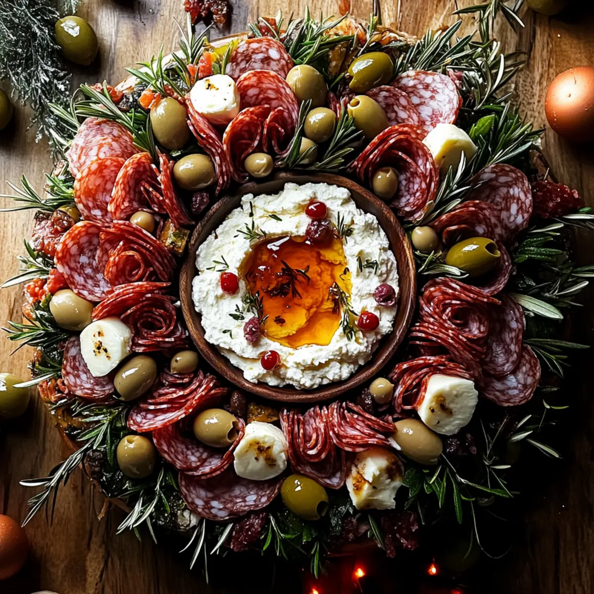 Savory Antipasto Wreath with Chili Hot Honey Feta Dip Delight