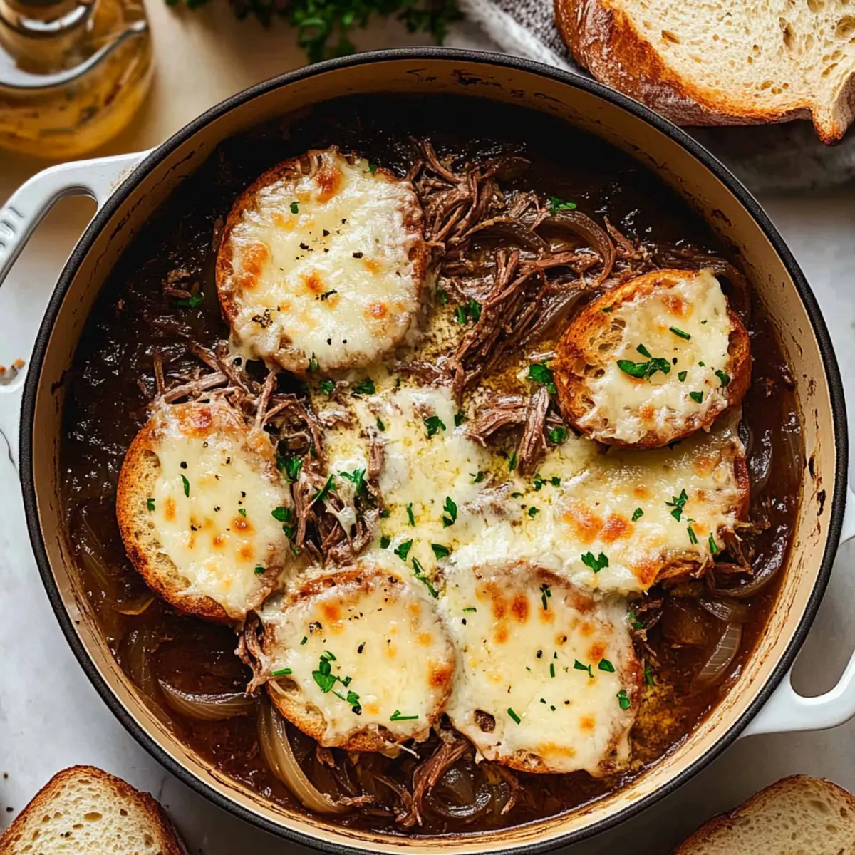 Savor the Comfort of Dutch Oven French Onion Pot Roast with Gruyere Cheese Toasts