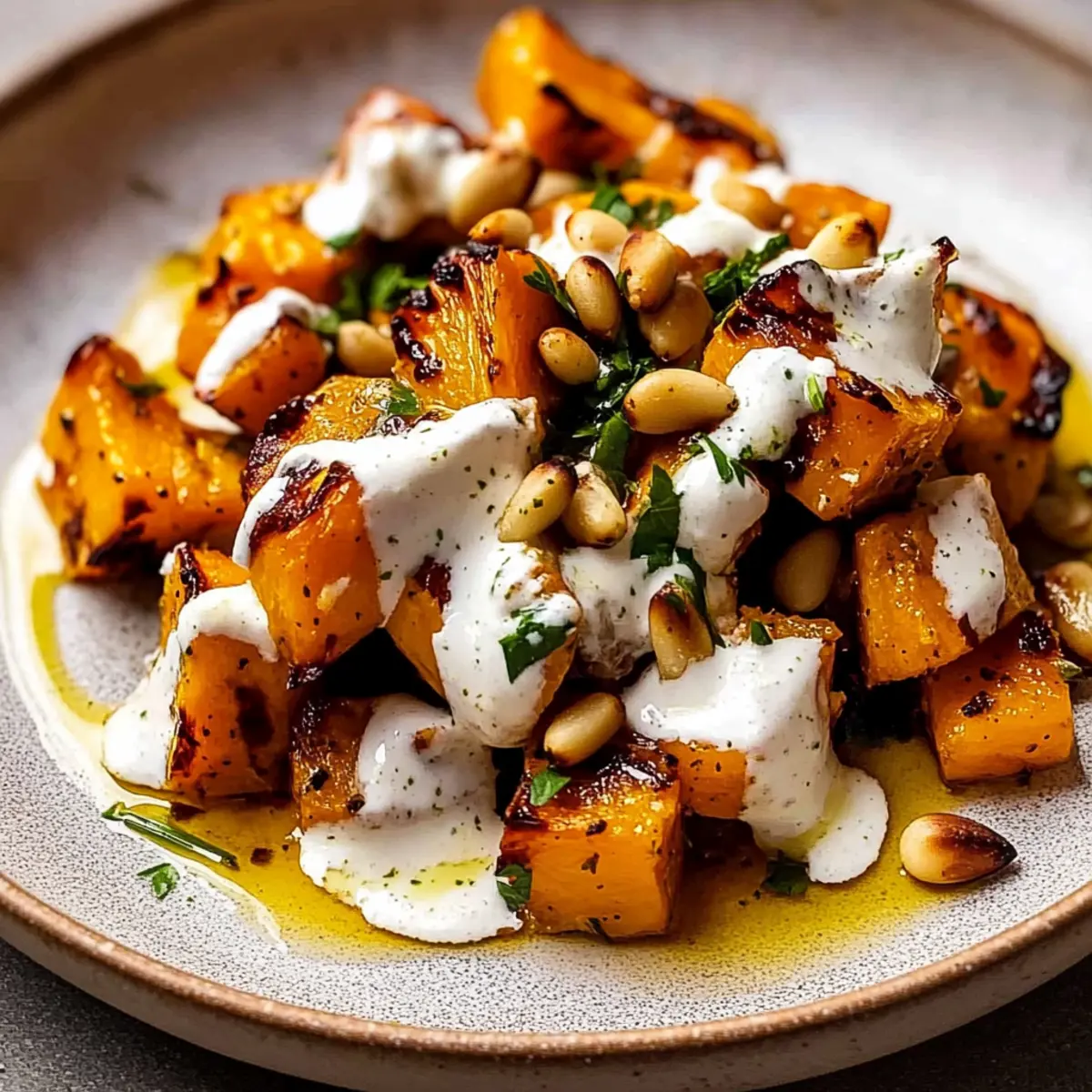 Roasted Pumpkin with Yogurt Sauce and Pine Nuts Delight